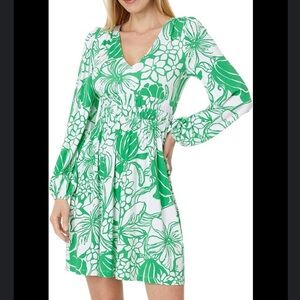 Lilly Pulitzer green and white floral print “Calla” long sleeve v-neck dress
